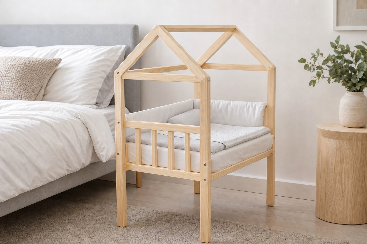 تخت چوبی مادر کودک طرح کلبه (بغل تخت مادرمدل Mini — 50×90  مناسب نوزاد تازه‌متولد شده، جمع‌وجور و ایده‌آل برای کنار مادر)